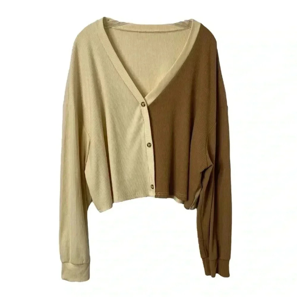 Boutique Two Tone Cream & Brown Cardigan Sweater